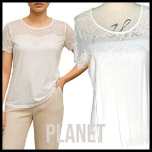 PLANET Off White Lace Short Sleeve Tee Top (M)